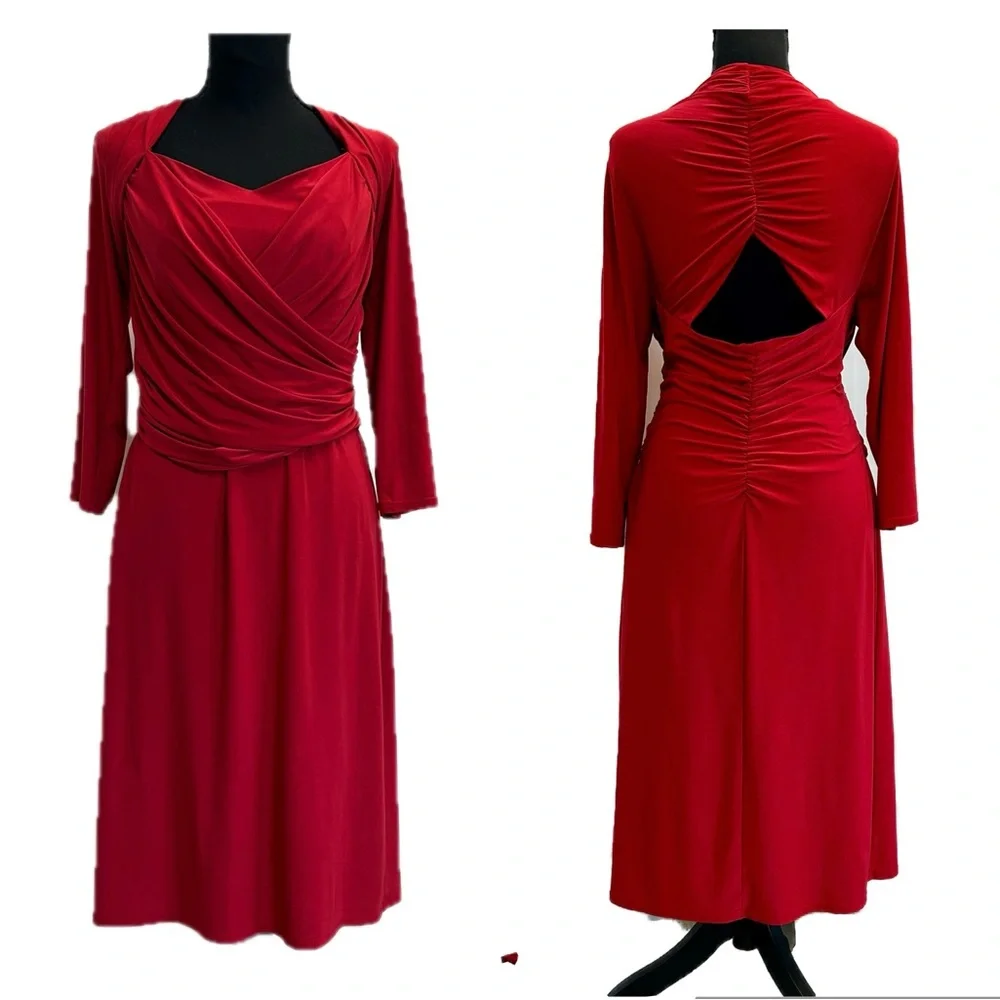 Frank Lyman red CrissCross-Front ruched jersey midi Dress Sz 14 open back - Picture 12 of 12